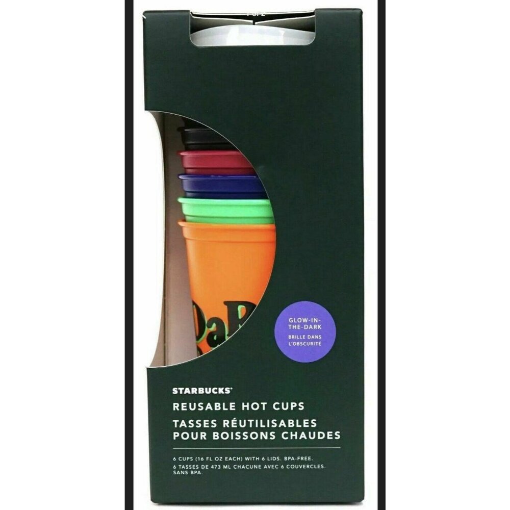 Starbucks 2020 Halloween Glow In The Dark 16oz Reusable Hot Cup & Lid Set 6 Cups